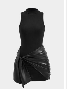 Black Mini Dress with Draped Faux-Leather Wrap